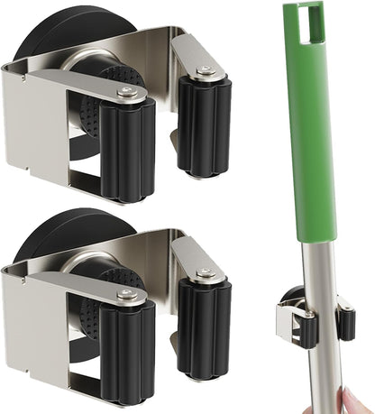 ULIBERMAGNET Magnetic Mop Broom Holder,Heavy Duty Movable Magnetic Broom Holder Rack,Anti-slip Wall Mounted Utility Storage Mop Shovel Hanger for Garage, Kitchen, Laundry, Garden(3 Racks / 4 Hooks)