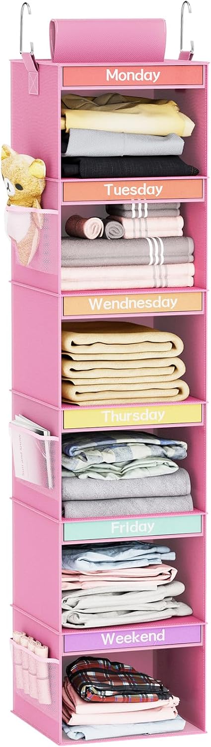 Fixwal 6-Shelf Weekly Clothes Organizer for Kids, Kids Daily Shelf Hanging Closet Organizer with 6 Side Pockets, Days of The Week Hanging Storage Shelves (Pink)
