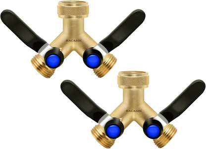 Brass Garden Hose Splitter 2-Way Heavy Duty - 3/4" GHT Threads with 2×304 Stainless Steel Handles, High Flow Design for Efficient Water Distribution