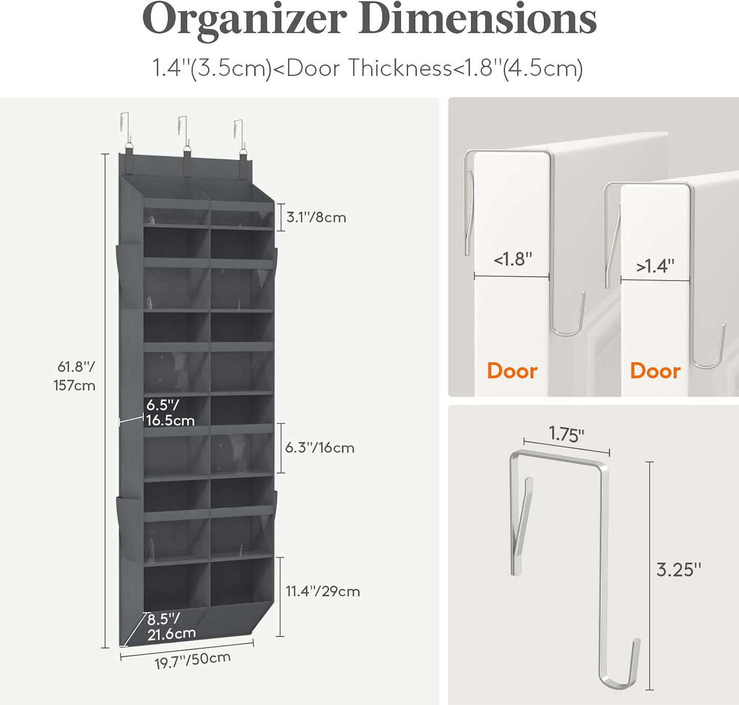 Lifewit 1 Pack Over the Door Organizer, 5 Section Clear Window Hanging Storage with 4 Side Pockets, Sturdy Anti Tilt 40 lbs Load Behind Door for Closet, Bedroom, Bathroom, Nursery, Dorm, Dark Gray