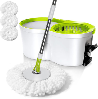 Spin Mop Bucket System,Masthome Pedal Spin Mop and Bucket with Wringer Set,EasyWring Microfiber Mop with 3 Mop Pads,360°Spinning Floor Cleaning System - Home & Office Suitable