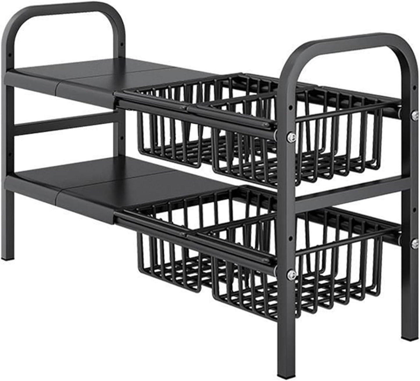 Under Sink Organizers, 2 Tier Stretchable Cabinet Shelf Organizer with 4 Removable Panels and 4 Under Shelf Basket for Under Bathroom Storage,Under Cabinet Shelves,kitchen Sink Storage Rack (black)