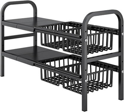 Under Sink Organizers, 2 Tier Stretchable Cabinet Shelf Organizer with 4 Removable Panels and 4 Under Shelf Basket for Under Bathroom Storage,Under Cabinet Shelves,kitchen Sink Storage Rack (black)