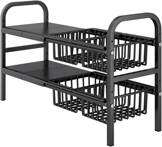 Under Sink Organizers, 2 Tier Stretchable Cabinet Shelf Organizer with 4 Removable Panels and 4 Under Shelf Basket for Under Bathroom Storage,Under Cabinet Shelves,kitchen Sink Storage Rack (black)