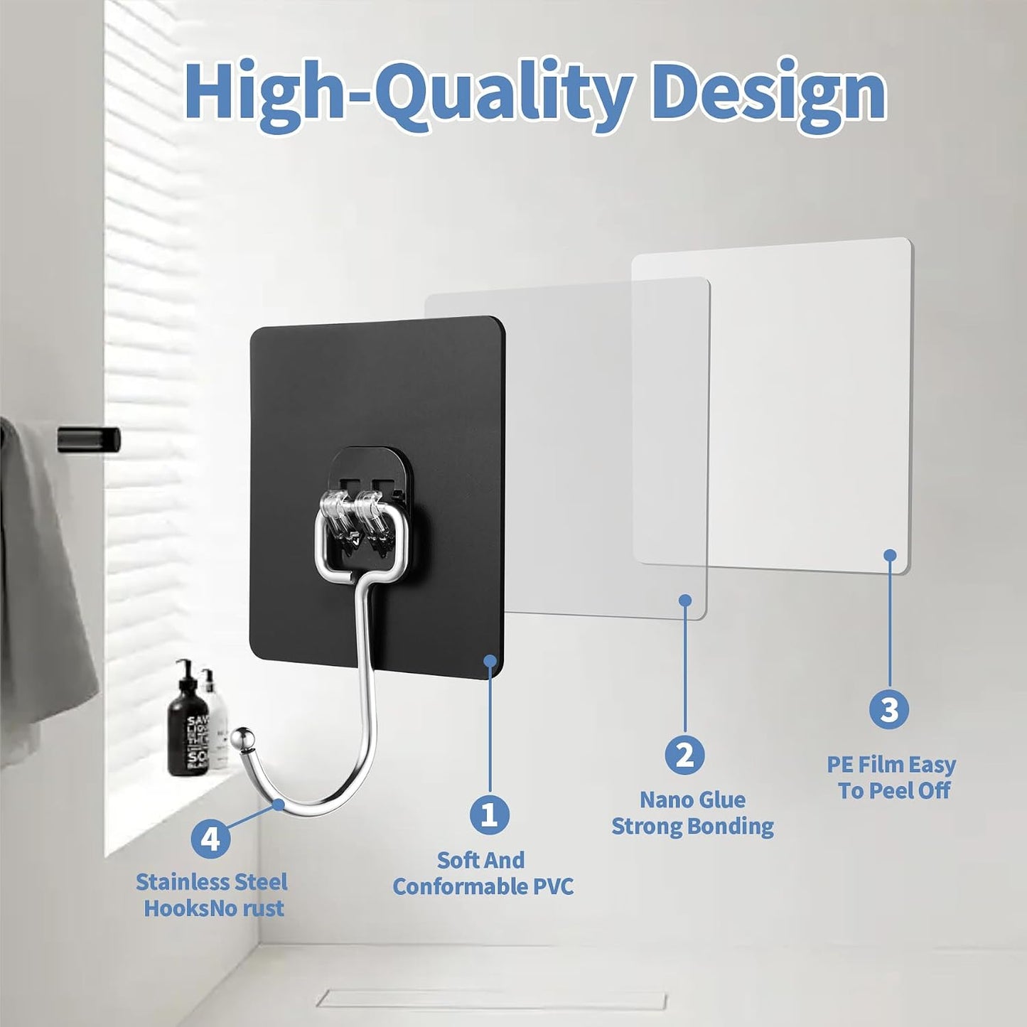 Adhesive Wall Hooks for Hanging - 60lb Heavy Duty Waterproof & Rustproof, Sticky Hooks for Walls No Damage, Kitchen/Bathroom/Rental (Ganchos para Pared) 10-Pack
