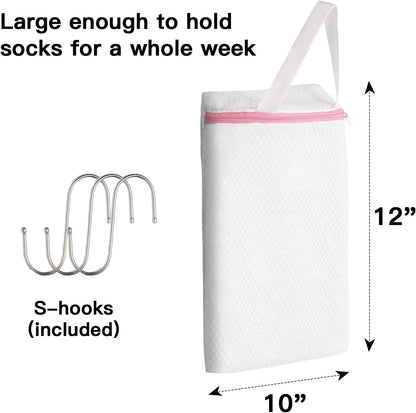 3 PACK Hanging Mesh Laundry Bags with S Metal Hooks,10x12 Inch Hanging Socks Laundry Bags, for Washing Machine