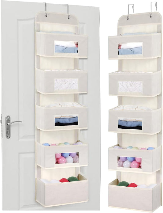 MAX Houser 4-Shelf Over The Door Hanging Organizer with 2 Metal Hooks, Gray | 4 Pocket Swing-proof Behind Door Organizers with Clear Windows for Bathroom Closet, Dorm