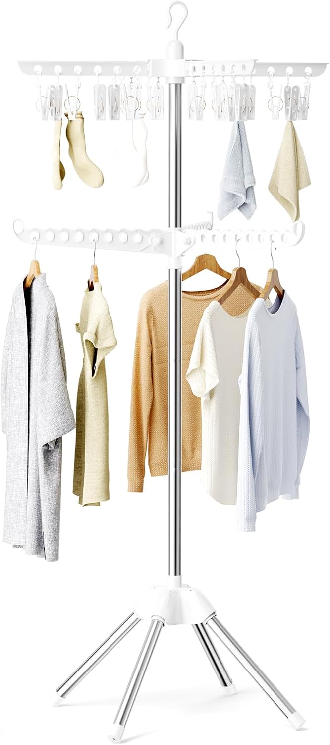 Abiglifty Rotatable and Foldable Clothes Drying Rack, Space Saving Free Standing Laundry Drying Rack for Indoor, Balcony, 1 Layer