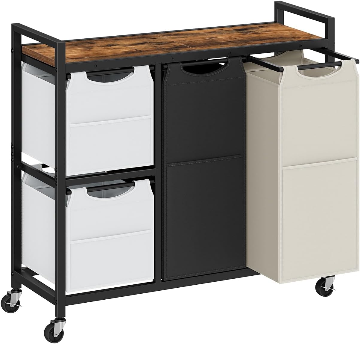 HOOBRO Laundry Sorter with 4 Section, 34 Gal. (127 L) Laundry Hamper with Wheels, Rolling Laundry Basket with Shelves, Pull-Out Detachable Bags, Side Pockets, White, Natural and Beige WNE14XY01N1
