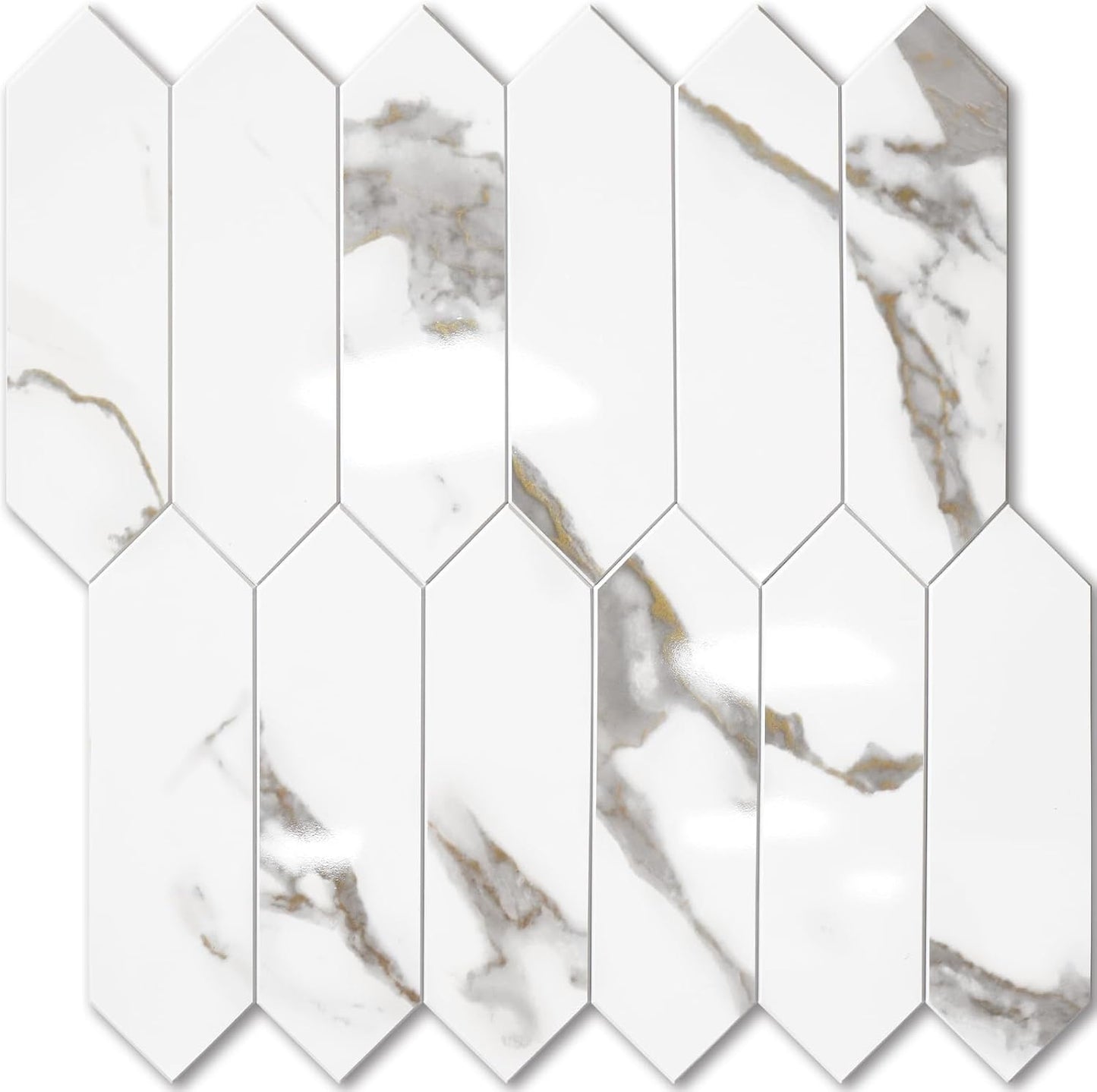 Vamos Tile Glossy Dolomite White Backsplash Tile Peel and Stick, 12.8 x 12.8 Inch 10 Sheets Long Hexagon PVC Self Adhesive Mosaic Wall Tiles Stick on Backsplash for Kitchen and Bathroom