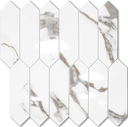 Vamos Tile Glossy Dolomite White Backsplash Tile Peel and Stick, 12.8 x 12.8 Inch 10 Sheets Long Hexagon PVC Self Adhesive Mosaic Wall Tiles Stick on Backsplash for Kitchen and Bathroom