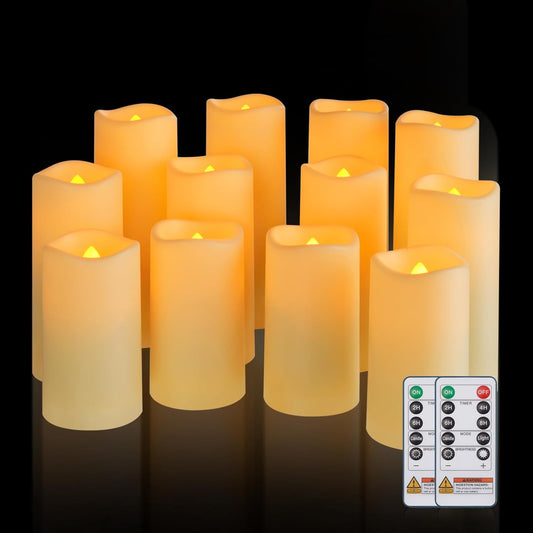 Raycare Outdoor Waterproof Flameless Candles, Battery Operated LED Electric Candles with Remote and Timers, Fake Pillar Candle for Patio, Porch, and Wedding Decor, Ivory, Set of 3(3"x4" 5" 6")