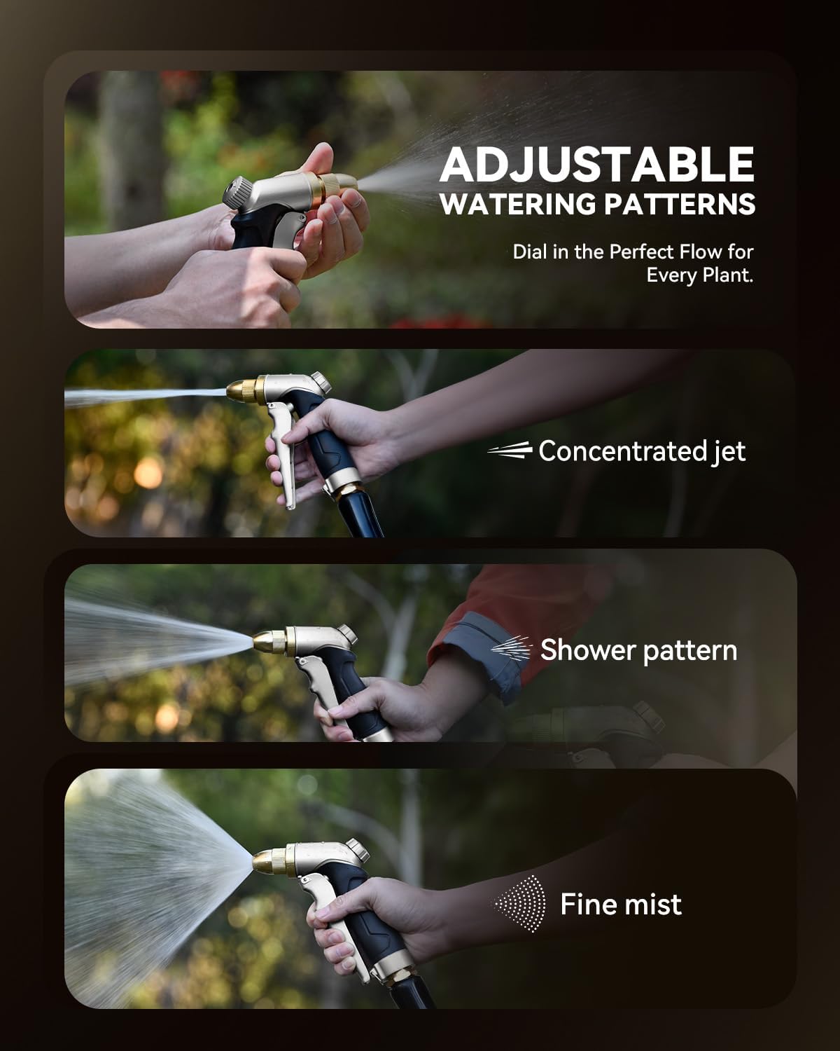 RAINPOINT Garden Hose Nozzle, 100% Heavy Duty Metal Hose Sprayer, High Pressure Water Hose Nozzle with Adjustable Spray Patterns and Flow Control for Watering Plants, Car Washing, Pet Washing, Gold