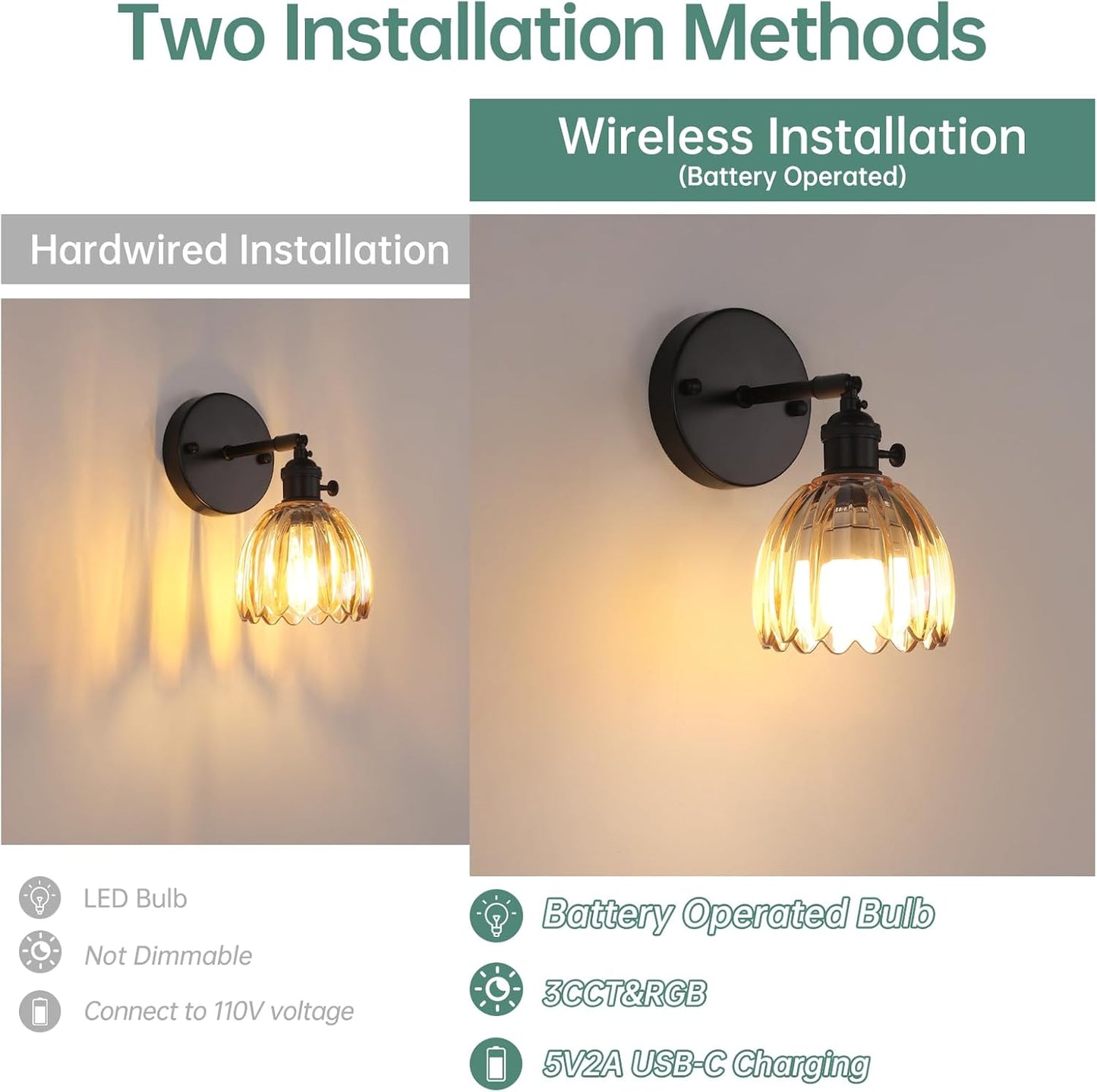 Shenmoyl Vintage Battery Operated Wall Sconce with Transparent Tulip Glass Lampshade Rechargeable Battery Powered Wall Light with Remote Control for Bedside Bedroom Doorway, Set of 2