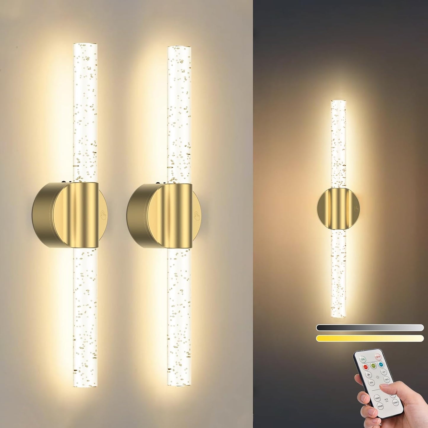 Peel and Stick on Battery Operated Wall Sconces Set of 2, Gold Wireless Magnetic Rechargeable Wall Lights with Remote & Touch Control, No Drill 3CCT Dimmable Wall Lamp for Bedroom Living Room Decor