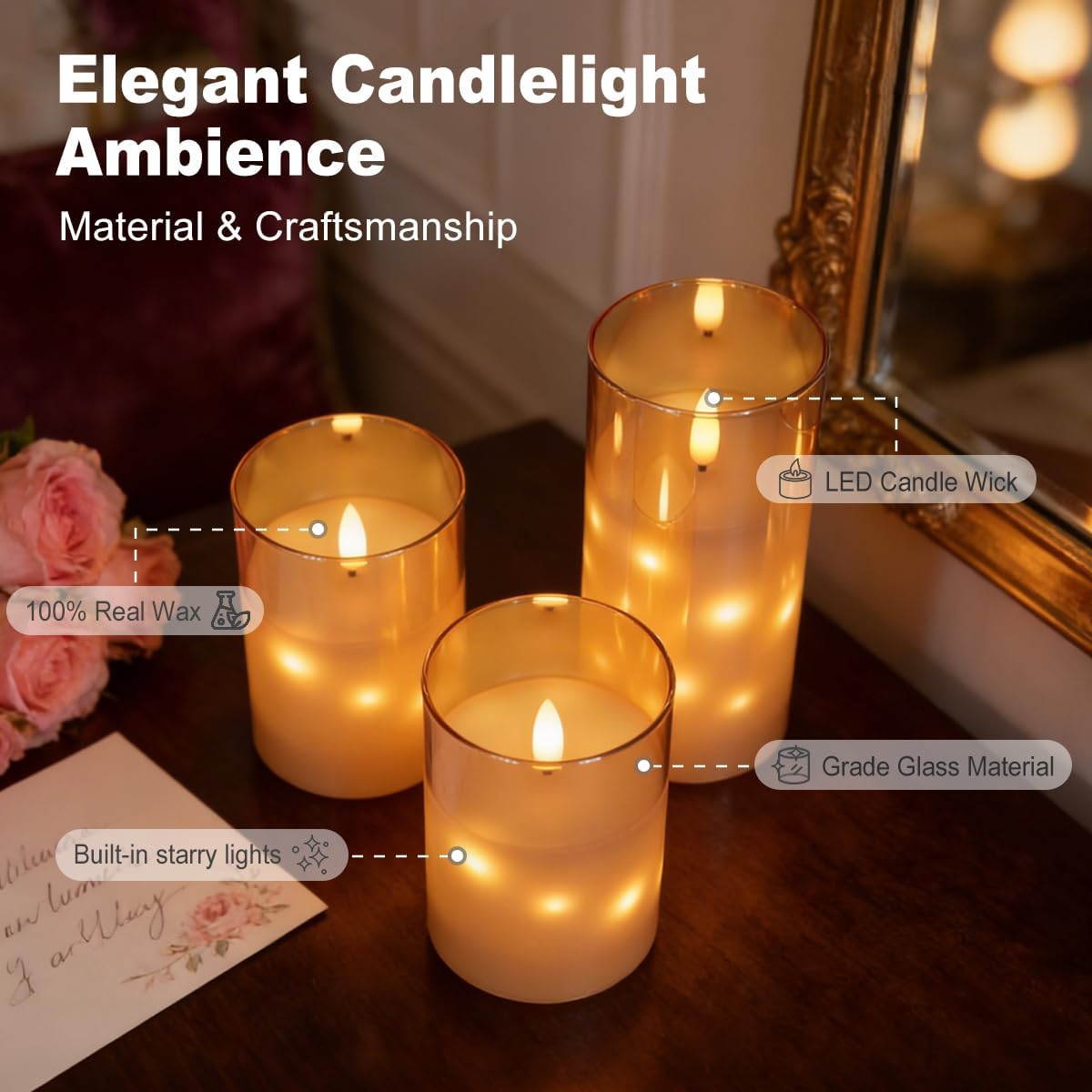 LEDHOLYT Rechargeable Flameless Glass Pillar Candles–Gifts for Women,–Set of 3, Realistic Flickering LED Light,Remote & Timer, Ideal for Living Room, Bedroom & Festival Wedding Home Party Decor