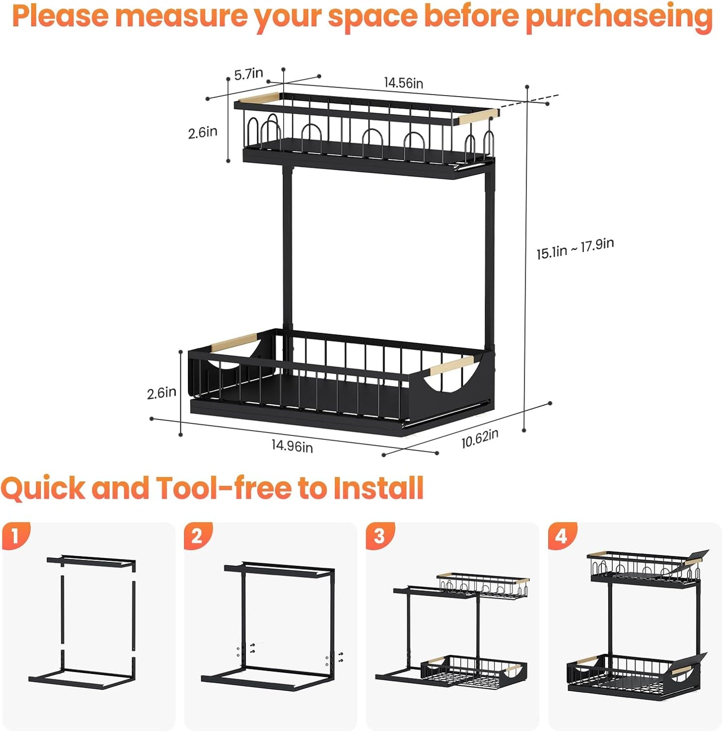 Under Sink Organizer and Storage for Bathroom and Kitchen - 2 Pack 3 Tier Under Cabinet Pull Out Shelf Organizers - Slide Out Drawer Organization for Home Cabinets Shelves and Drawers