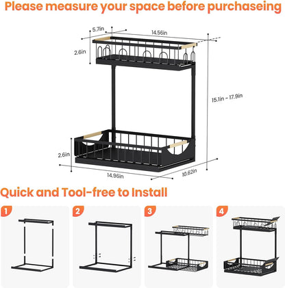 Under Sink Organizer and Storage for Bathroom and Kitchen - 2 Pack 3 Tier Under Cabinet Pull Out Shelf Organizers - Slide Out Drawer Organization for Home Cabinets Shelves and Drawers