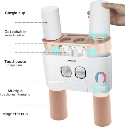 Toothbrush Holder Wall Mounted, WEKITY Multi-Functional Toothbrush and Toothpaste Dispenser for Bathroom, with 5 Toothbrush Slots, 2 Toothpaste Squeezers and 4 Cups(Grey)