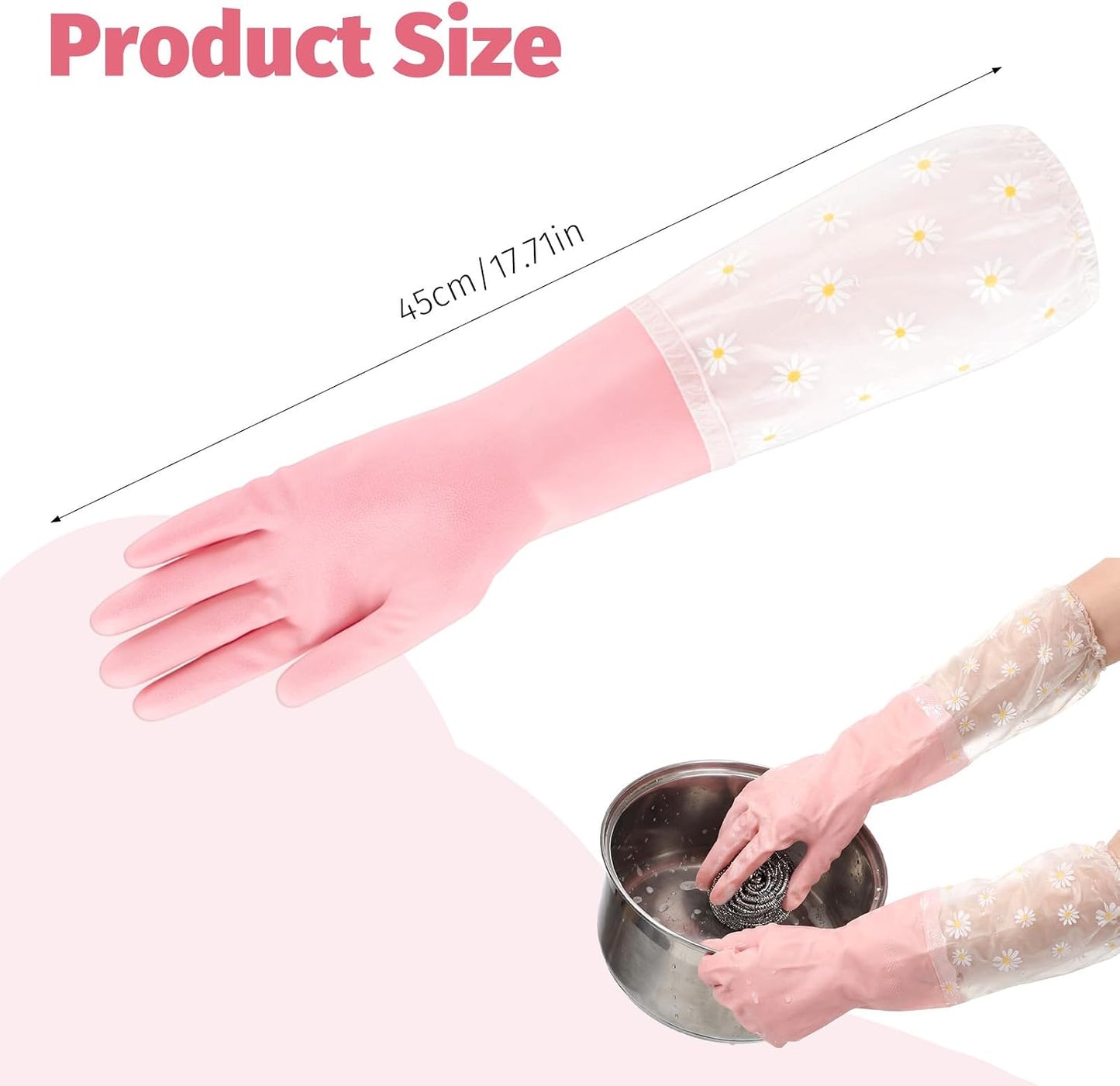 Reusable Pink Rubber Gloves, Pink Dishwashing Cleaning Gloves, Non-Slip Laundry Kitchen Gardening Household Gloves with Long Elastic Cuffs