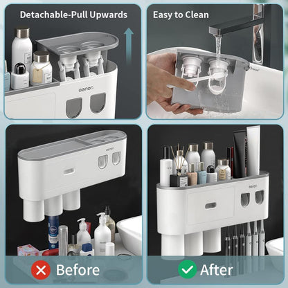 Toothbrush Holders for Bathrooms Wall Mounted, 6 Slot Toothbrush Holder with 2 Automatic Toothpaste Dispensers, 2 Magnetic Cups, Large Capacity Bathroom Organizer, Wall Storage with Drawer