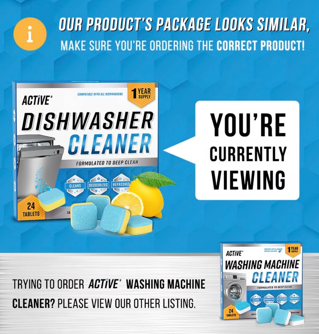 Dishwasher Cleaner Tablets, Deep Cleaning Deodorizer, Removes Limescale and Odors, Lemon Scent, 24 Count
