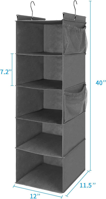 MAX Houser 4-Shelf Hanging Closet Organizer, Space Saver, Cloth Hanging Shelves with 2 Side Pockets, Foldable (Beige)