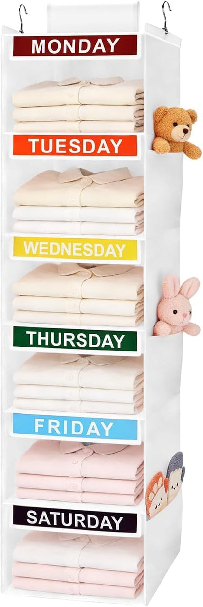 Weekly Clothes Organizer for Kids, 5-Shelf Kid Hanging Closet Organizer w/ 6 Side Pockets, Labeled Weekly Outfit Organizer for Kids, Days of The Week Clothes Organizer Monday Through Friday White