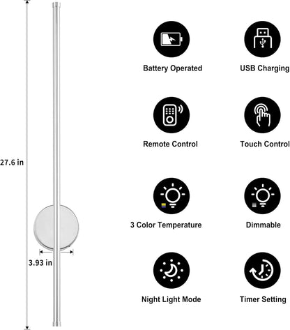 Battery Operated Modern Wall Sconces, Dimmable Wireless Wall Light Set of Two with Remote Control, 3 Color Temperatures, Rechargeable LED Wall Sconce for Bedroom, Living Room, Hallway, 23.6 Inch Brass