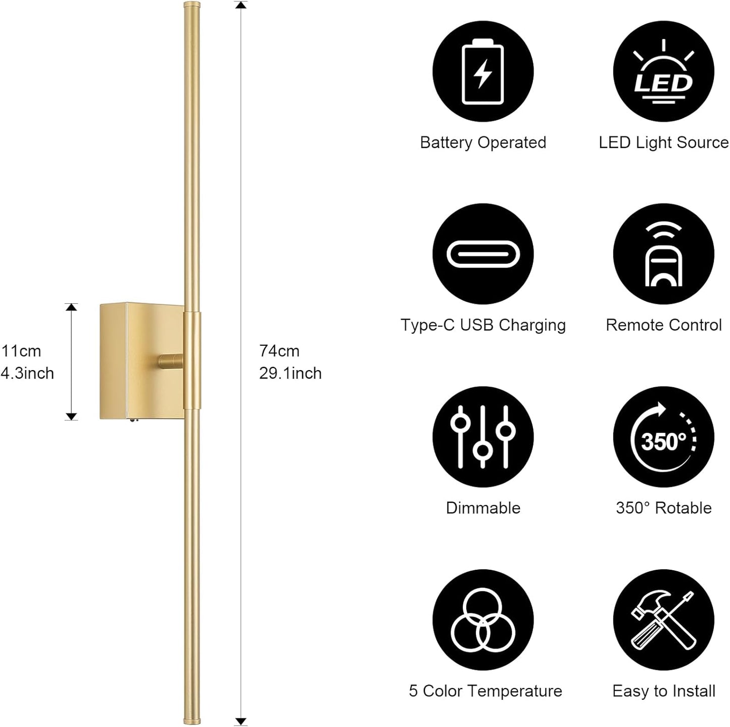 Battery Operated Wall Sconce Set of Two with Remote Control, 3000K-6000K Dimmable Black Wall Lights, Timable LED Wireless Wall Sconces, 350° Ratate for Bathroom, Living Room, Hallway 29.1 Inch