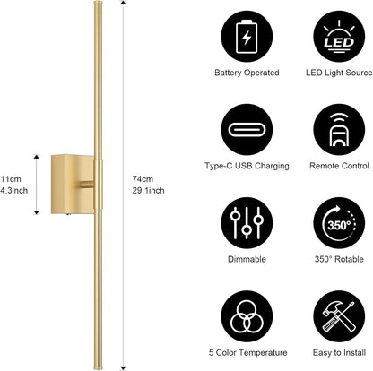 Battery Operated Wall Sconce Set of Two with Remote Control, 3000K-6000K Dimmable Black Wall Lights, Timable LED Wireless Wall Sconces, 350° Ratate for Bathroom, Living Room, Hallway 29.1 Inch