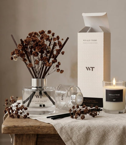 Flower Reed Diffuser Set Wild Eucalyptus Mint Scent for Bathroom Accessories Shelf Decor & Air Fresheners, Sticks Defusers with 5.1 fl oz Essential Oils & Leaves, House Bedroom Office Decor & Gifts