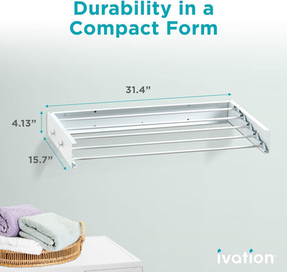 Ivation Retractable Wall Mounted Clothes Drying Rack, 40" Foldable Laundry Drying Rack for Clothing | Collapsible Space-Saving Design & 5 Rods | Easy Installation with Hardware & Wall Template (White)