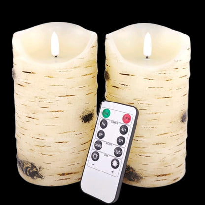 qinxiang Flameless Candles LED Candles Birch Bark Set of 3 (D 3.25" x H 4" 5" 6") Ivory Real Wax Pillar Battery Operated Candles with LED Flame 10-Key Remote Control and Cycling 24 Hours Timer