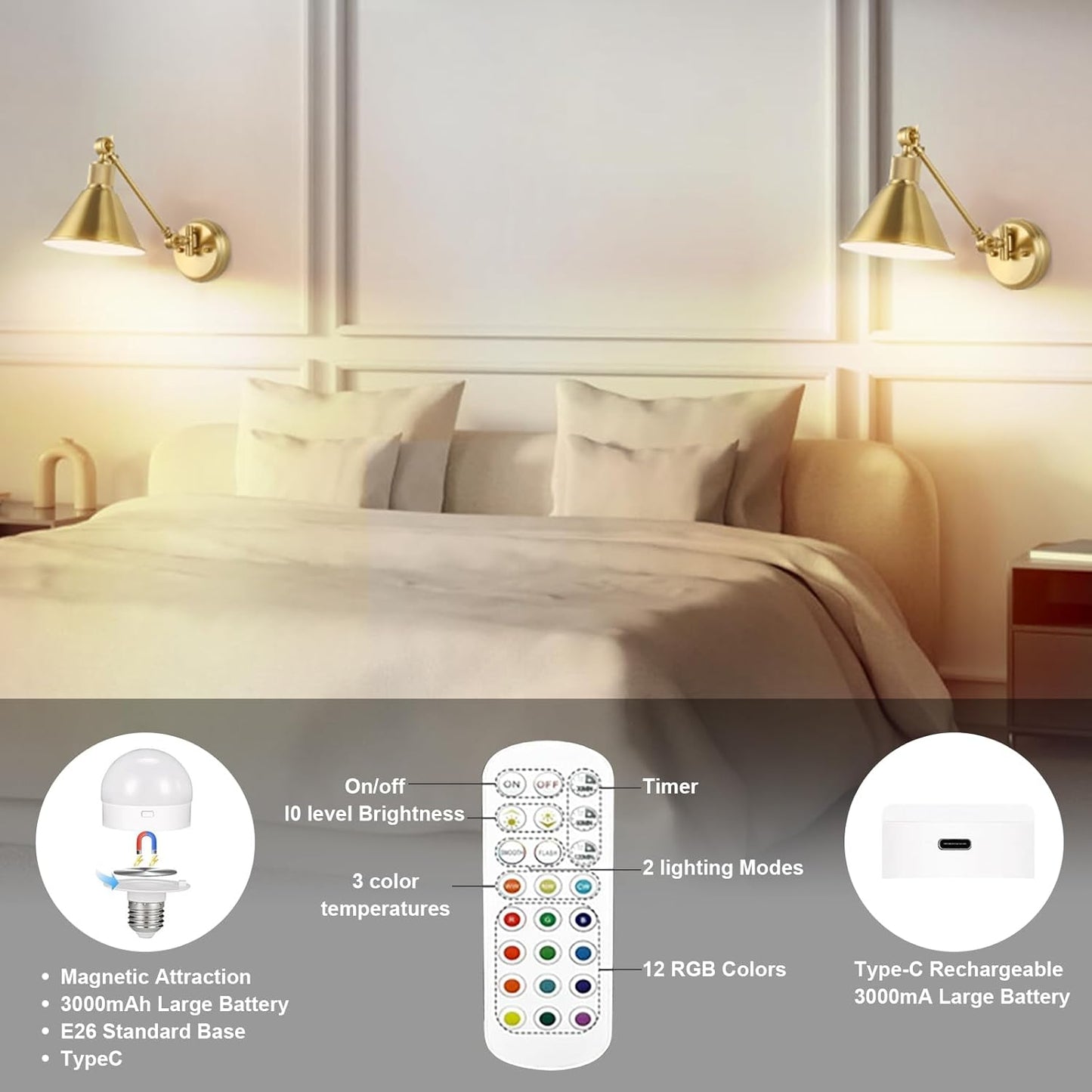 TRLIFE Rechargeable Battery Operated Wall Sconces, Dimmable and Adjustable Color Temperature Wireless Wall Sconces Set of 2 with Remote Control, Gold Swing Arm Wall Light for Bedroom Bedside Hallway