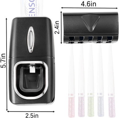 Toothbrush Holder and Toothpaste Dispenser Set, Automatic Toothpaste Squeezer Dispenser, Dispenser Toothpaste Squeezer Kit, Wall Mounted Bathroom Accessories (Black)