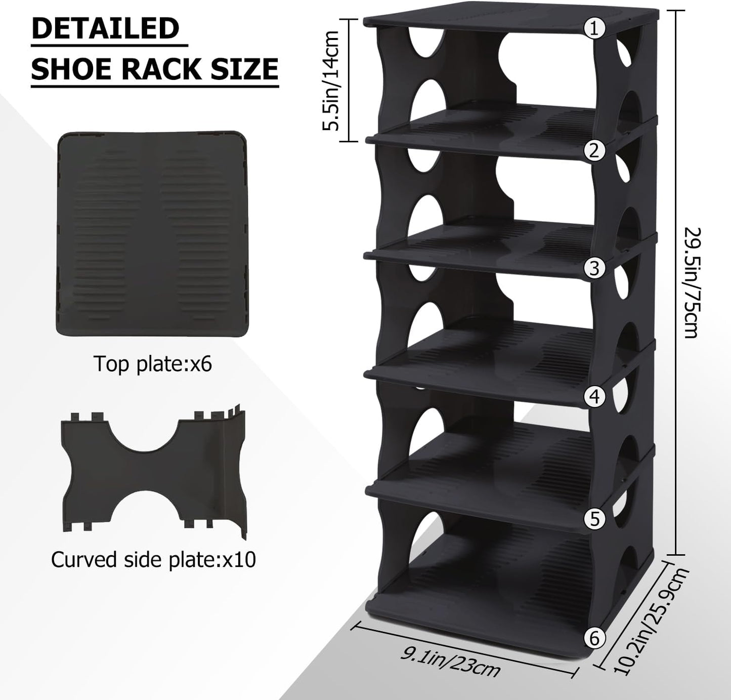 6-Tier Shoe Rack, Stackable Storage Organizer for Bedroom Entry, Adjustable Rack, Shoe Slots Shelf, Easy Tower Rack, Grey