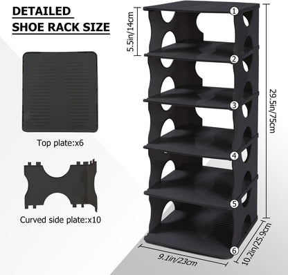 6-Tier Shoe Rack, Stackable Storage Organizer for Bedroom Entry, Adjustable Rack, Shoe Slots Shelf, Easy Tower Rack, Grey
