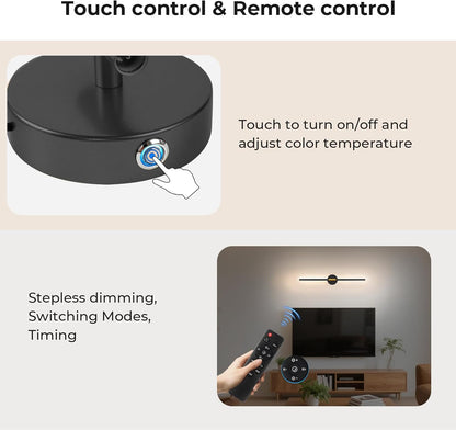 GvvooHome Battery Operated Wall Sconces Set of 2, Detachable 360°Rotate Wall Lamps, 3000-6500K Dimmable with Remote Control, 10000mAh Rechargeable Wall Light for Bedroom, Living Room, 28.3" Black Gold