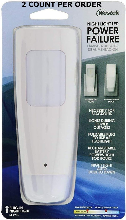 LED Power Failure Light, Flashlight and Night Light By Westek - A Safety Must-Have for Blackouts / Power Outages - Ideal for Use At Home, Be Prepared - Battery Back-Up, No Need To Recharge, Pack of 2
