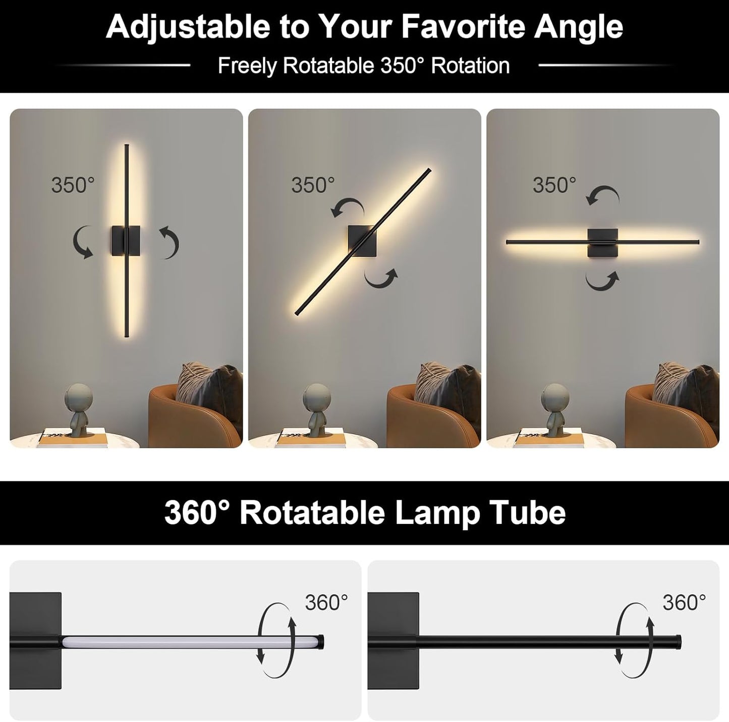 Battery Operated Wall Sconce Set of Two with Remote Control, 3000K-6000K Dimmable Black Wall Lights, Timable LED Wireless Wall Sconces, 350° Ratate for Bathroom, Living Room, Hallway 29.1 Inch