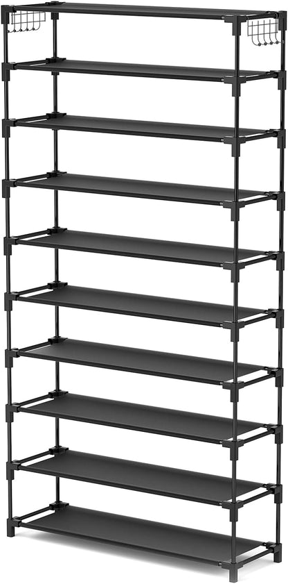 LANTEFUL 10 Tiers Shoe Rack 50 Pairs Large Capacity Tall Shoe Organizer Sturdy Shoe Storage with Two Hooks Space Saving Metal Wide Shoe Rack for Closet, Entryway, Bedroom, Black
