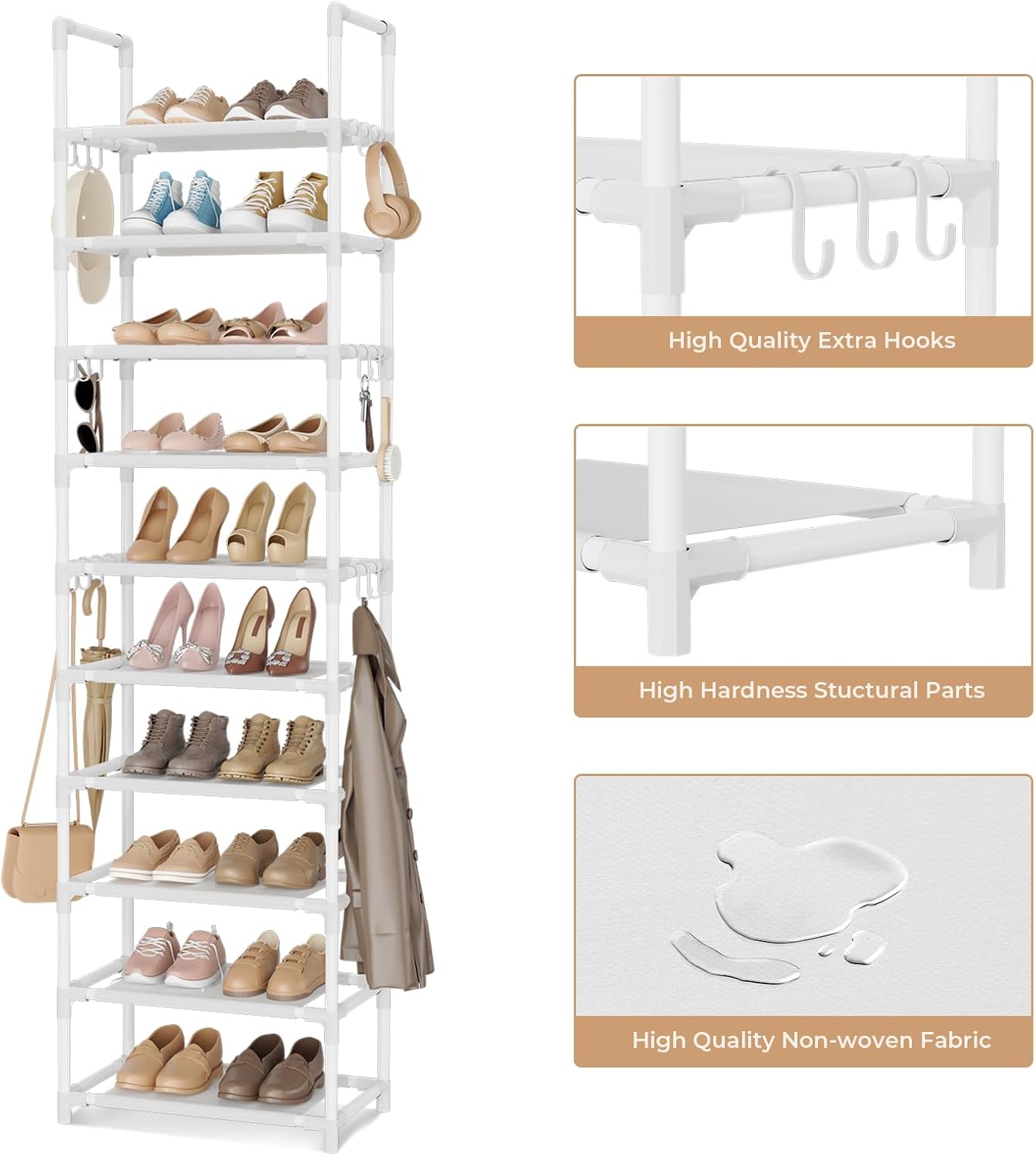 VTRIN 10 Tiers Tall Shoe Rack Holds 20-25 Pairs of Shoes Sturdy Vertical Shoe Organizer with 18pcs Hooks Stackable Narrow Shoe Rack for Closet, Entryway Black