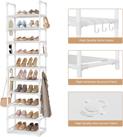 VTRIN 10 Tiers Tall Shoe Rack Holds 20-25 Pairs of Shoes Sturdy Vertical Shoe Organizer with 18pcs Hooks Stackable Narrow Shoe Rack for Closet, Entryway Black