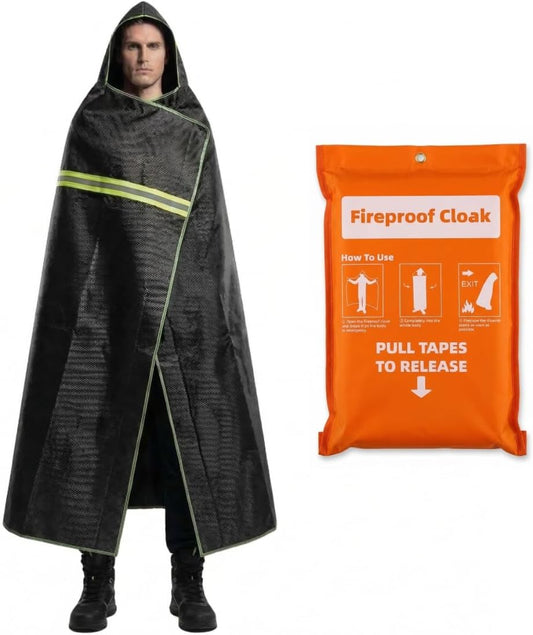 Fireproof Cloak with Hood - Fiberglass Free Fire Blanket Emergency for Home, 1800°F Heat Resistant Fire Escape Wrap, Reflective Safety Cape for Adults Survival - 71"x63", Black
