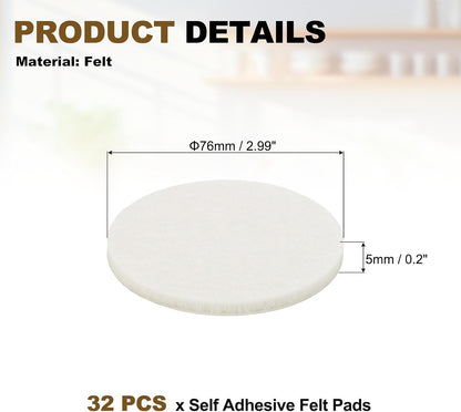 uxcell 32Pcs Non Slip Furniture Pads, 3" Round Self Adhesive Felt Bumpers Noise Reducing Furniture Feet Floor Protector for Chairs Tables Furniture Legs (White 0.2" Thick) - Colors A