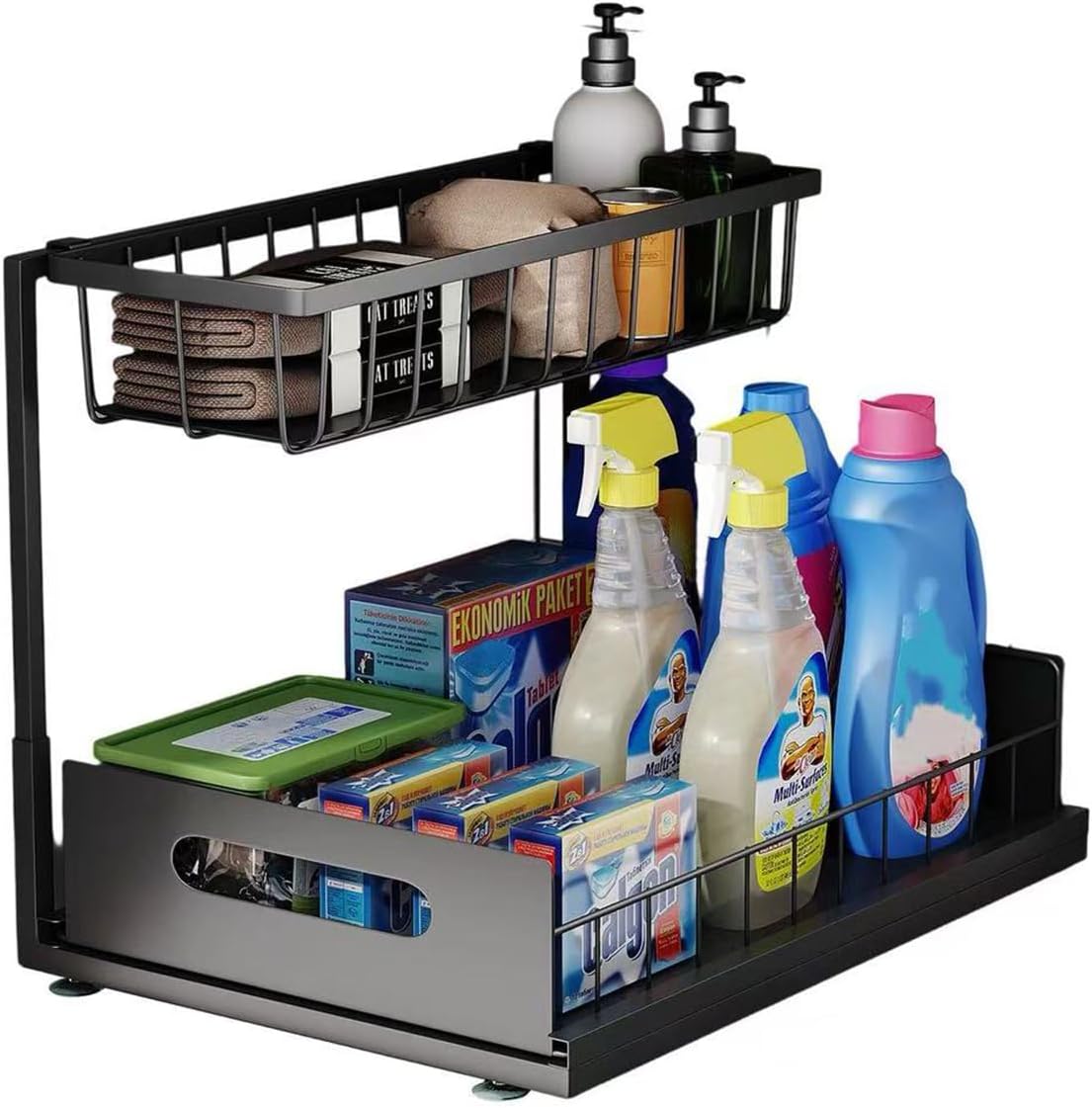 Under Sink Organizer, 2 Tier Pull-Out Cabinet Storage Shelf, Rust-Resistant Metal Organizer for Kitchen Bathroom Laundry Room, No Tools Installation, 1 Pack Black