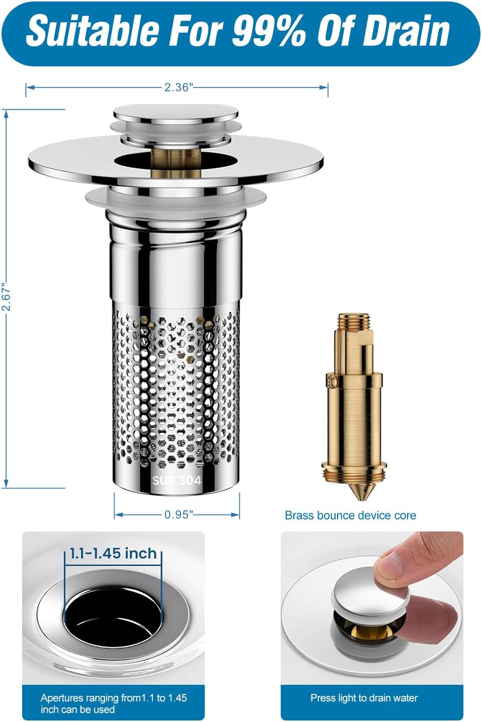Bathroom Sink Drain Strainer,Pop-up Sink Drain Strainer for U.S. Standard Universal,Hair Catcher Sink Stopper with Removable Stainless Steel Filter Basket