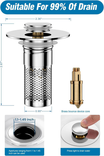 Bathroom Sink Drain Strainer,Pop-up Sink Drain Strainer for U.S. Standard Universal,Hair Catcher Sink Stopper with Removable Stainless Steel Filter Basket