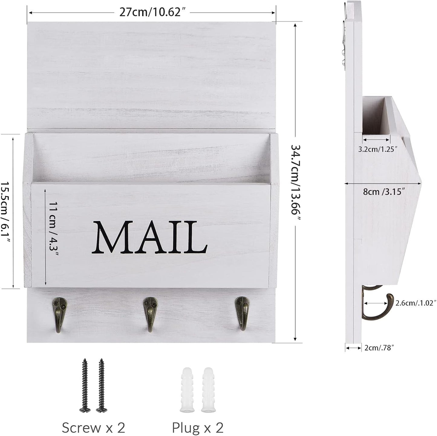 DLQuarts Mail Organizer with Key Holder for Wall, Mail Sorter Wall Mounted, Decorative Wooden Key and Mail Holder with 3 Hooks, Black